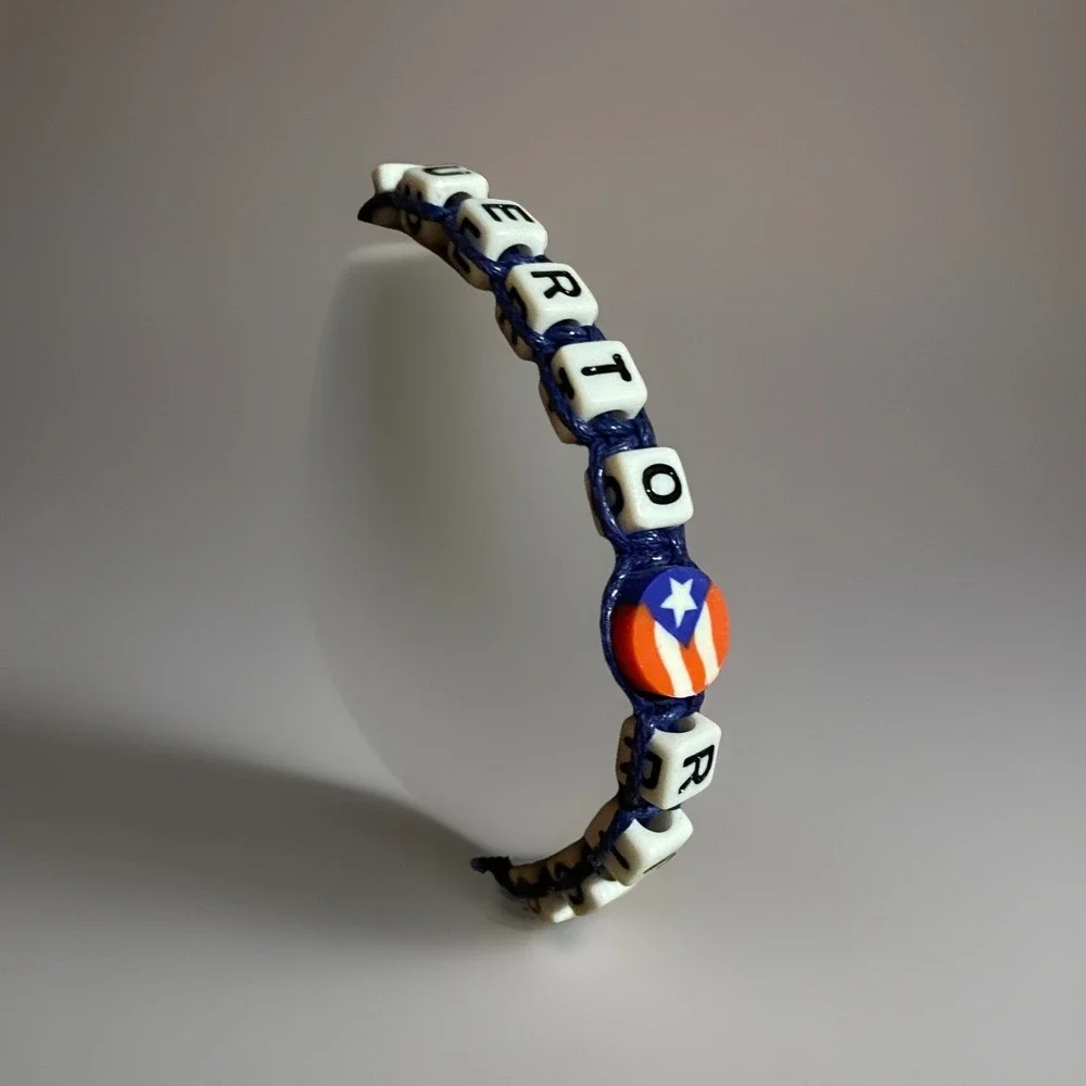 Puerto Rico Letters Unisex Macrame Bracelet Flag Beads Red Blue Black Adjustable
